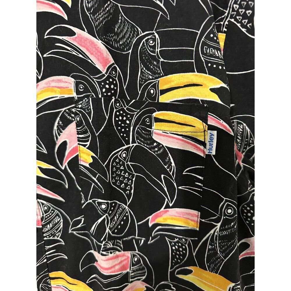 Hurley Toucan Print Hawaiian Button Down Shirt XL Black Tiki Short Sleeve